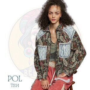 T574 POL Chocolate Brown Jacquard Denim Quilted Patch Jacket